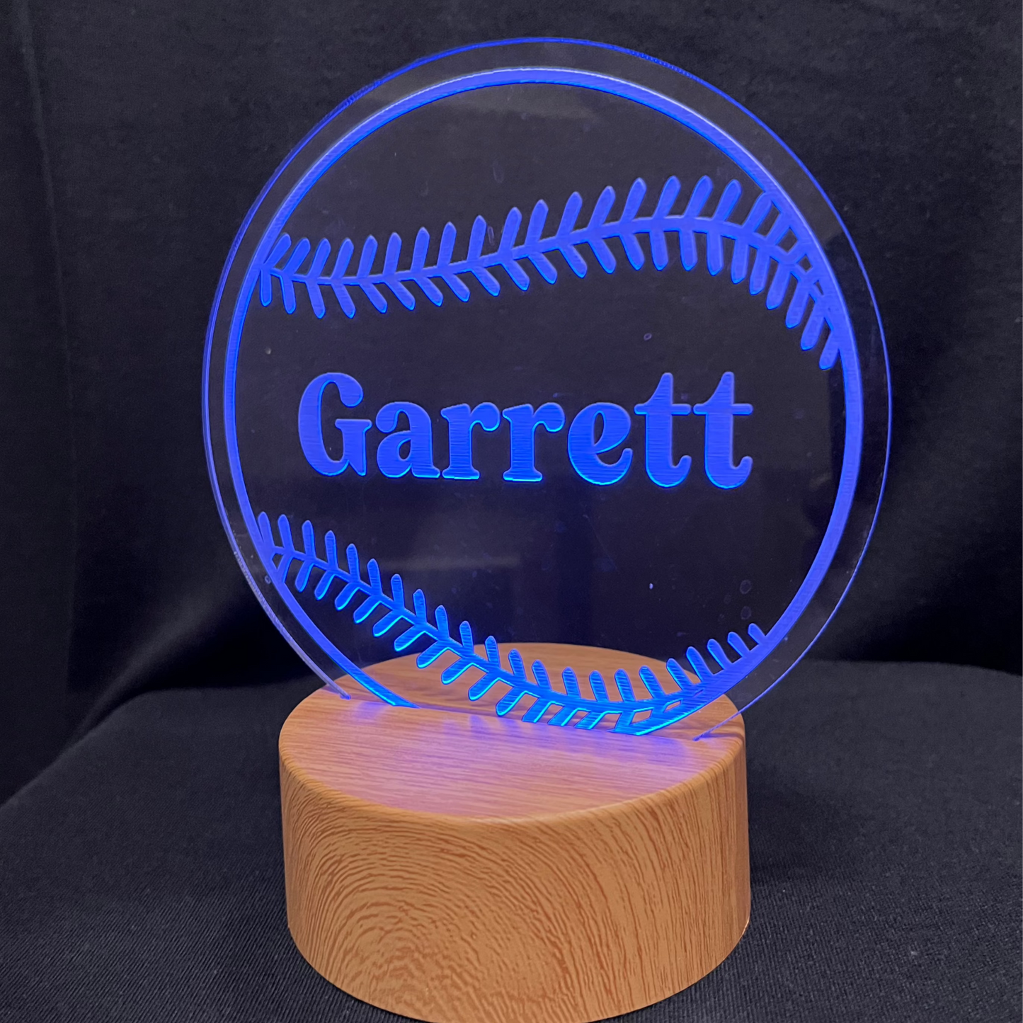 Baseball Softball Name Night Light – Personalized LED night light featuring an engraved baseball or softball design with a custom name in the center, glowing warmly for sports fans