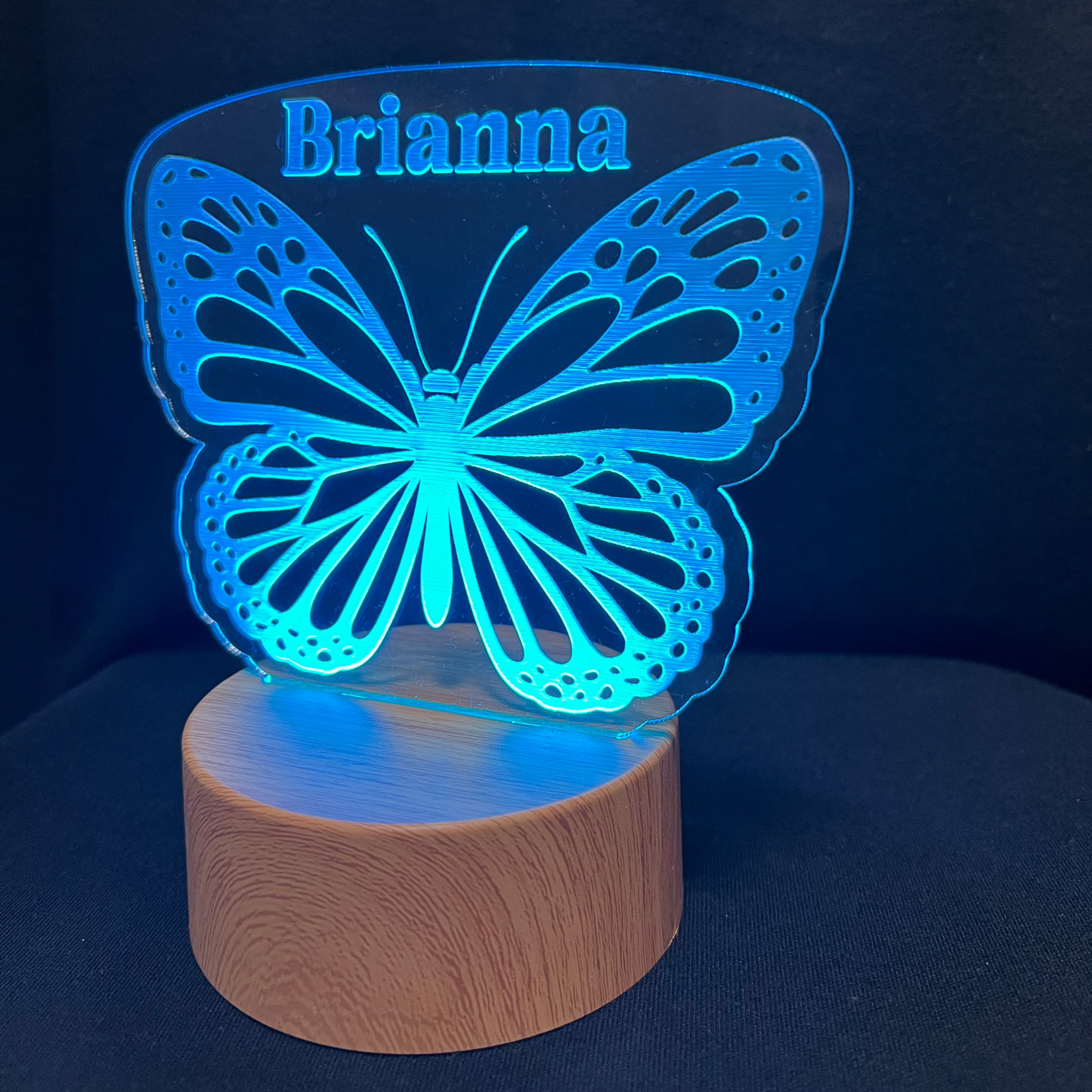 Butterfly Name Night Light – Personalized LED night light featuring an engraved single butterfly with a custom name below, softly glowing for a sweet and serene touch
