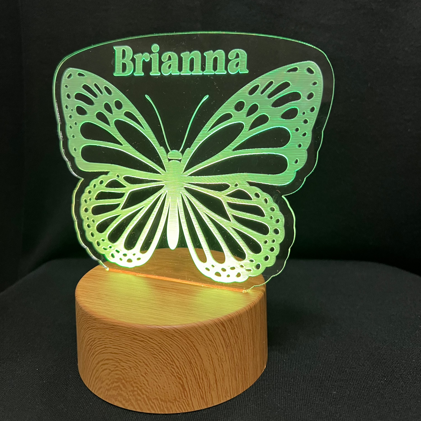 Butterfly Name Night Light – Personalized LED night light featuring an engraved single butterfly with a custom name below, softly glowing for a sweet and serene touch