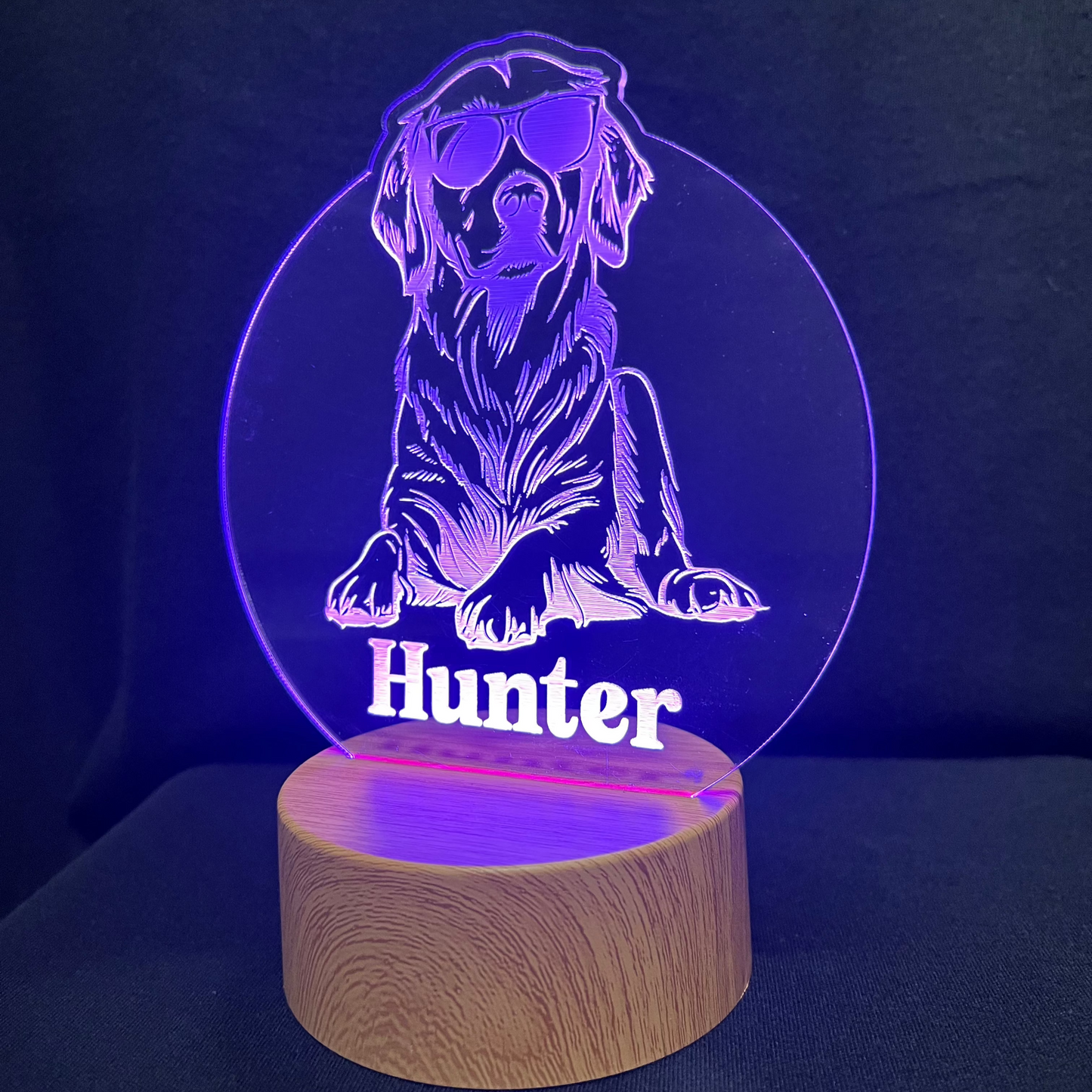 Personalized dog nightlight featuring a cool dog wearing sunglasses, with a custom name engraved below, glowing softly in a warm LED light.