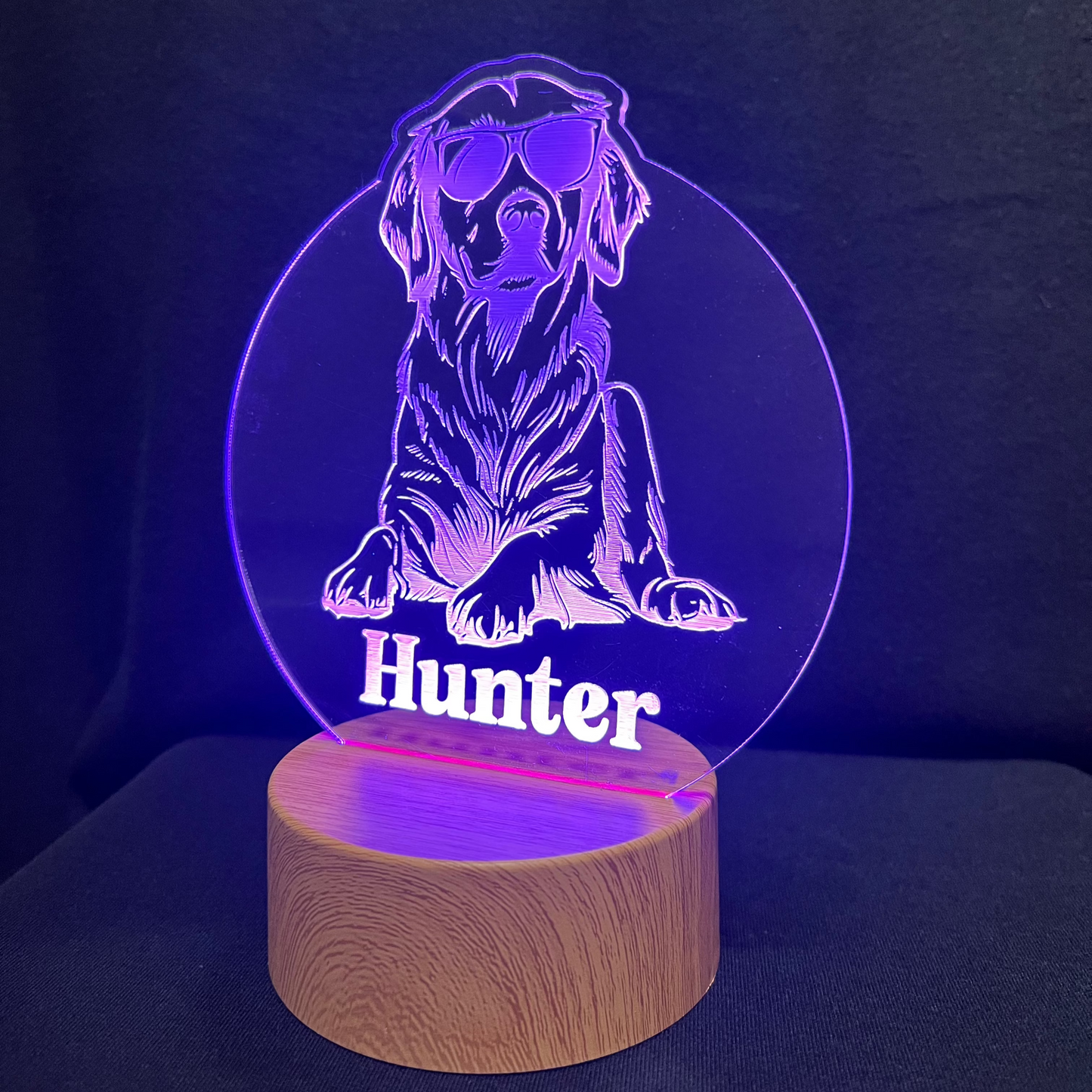 Personalized dog nightlight featuring a cool dog wearing sunglasses, with a custom name engraved below, glowing softly in a warm LED light.