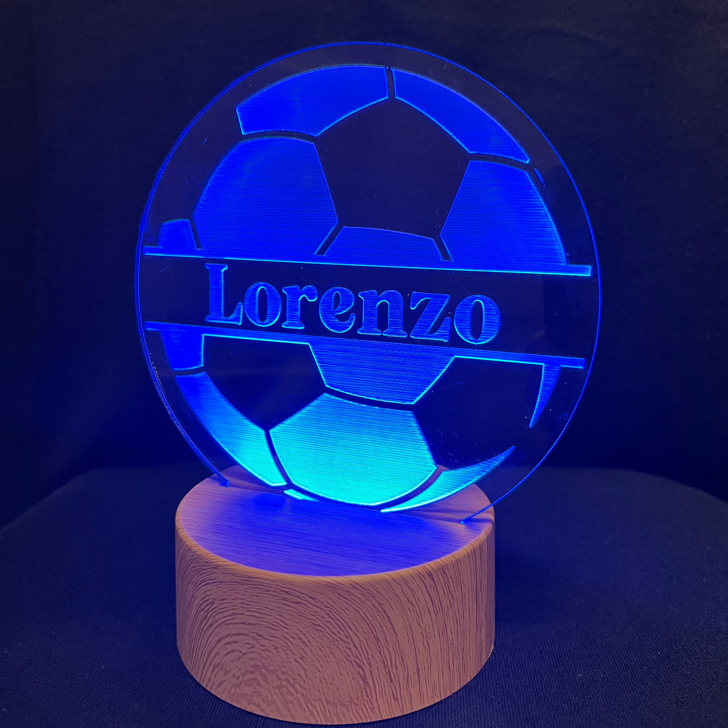 Soccer Name Night Light – Personalized LED night light featuring an engraved soccer ball design with a custom name in the center, glowing softly for soccer fans and young athletes