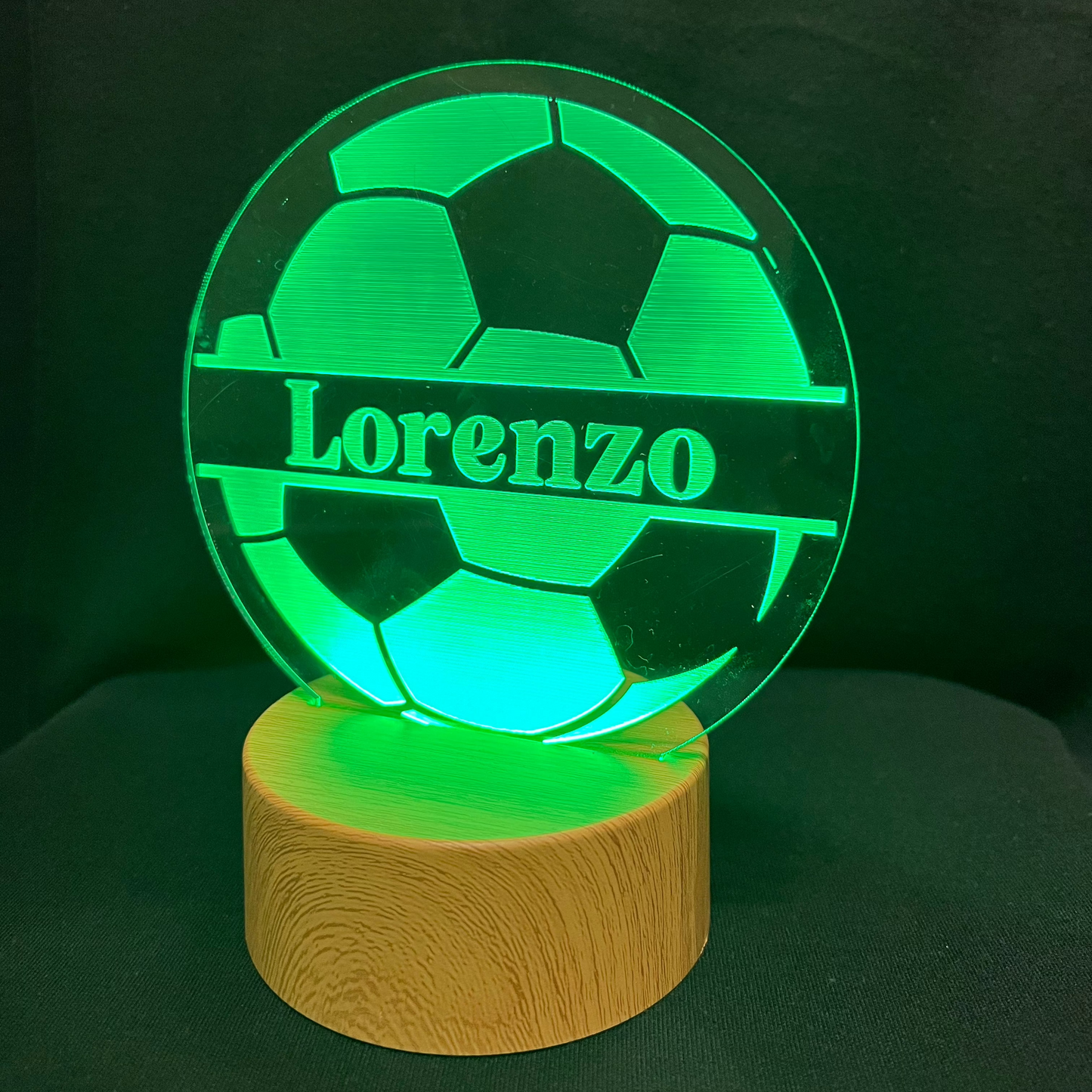Soccer Name Night Light – Personalized LED night light featuring an engraved soccer ball design with a custom name in the center, glowing softly for soccer fans and young athletes