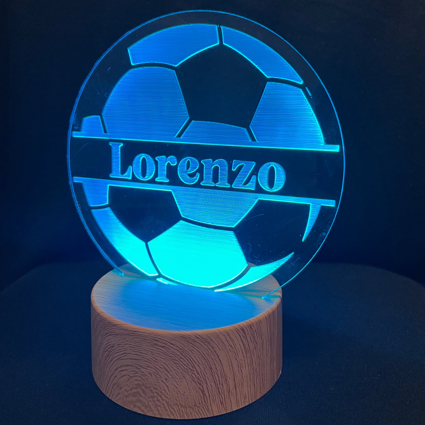Soccer Name Night Light – Personalized LED night light featuring an engraved soccer ball design with a custom name in the center, glowing softly for soccer fans and young athletes