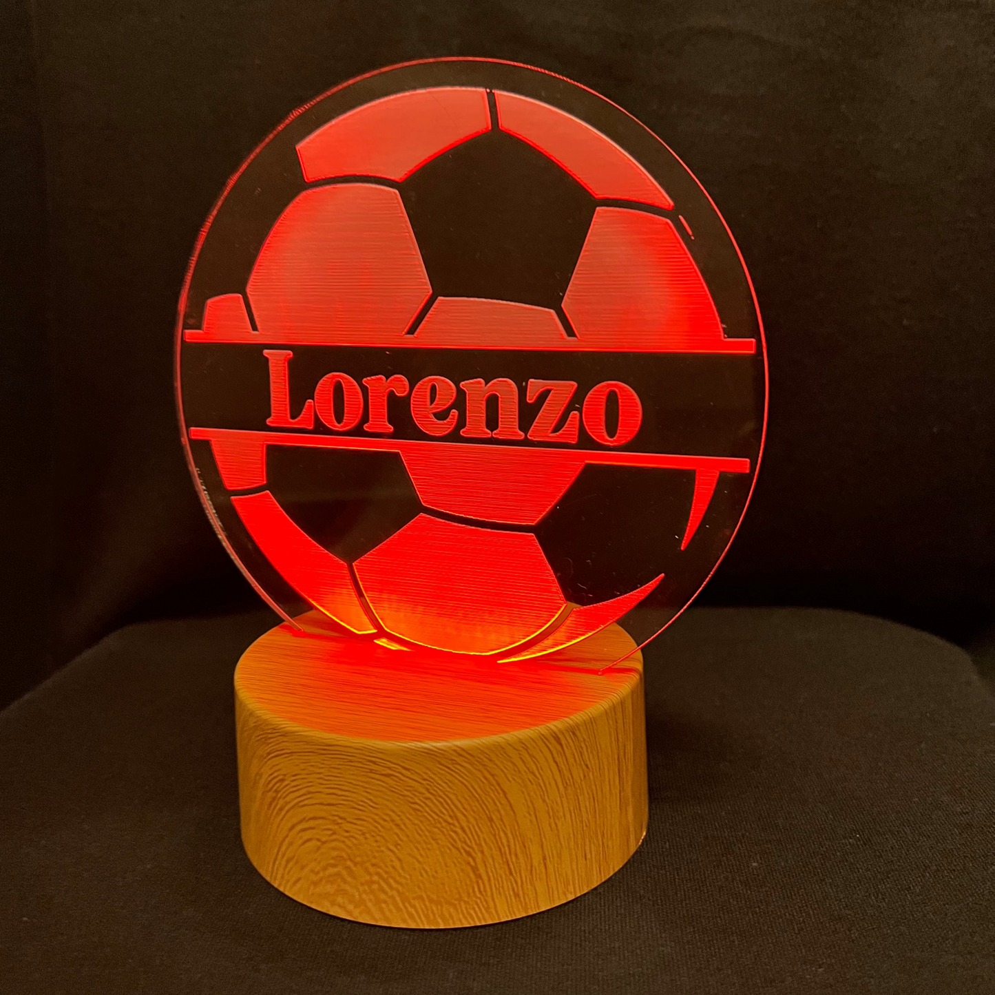 Soccer Name Night Light – Personalized LED night light featuring an engraved soccer ball design with a custom name in the center, glowing softly for soccer fans and young athletes