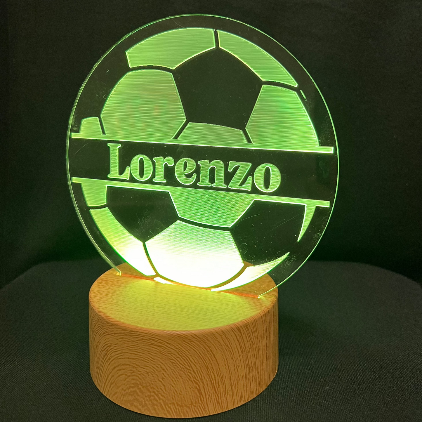 Soccer Name Night Light – Personalized LED night light featuring an engraved soccer ball design with a custom name in the center, glowing softly for soccer fans and young athletes