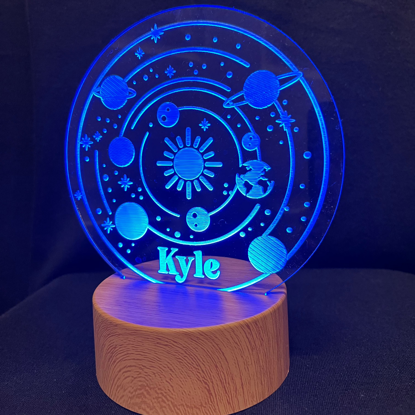 Solar System Name Night Light – Personalized LED night light featuring engraved planets with a custom name, glowing softly for space lovers