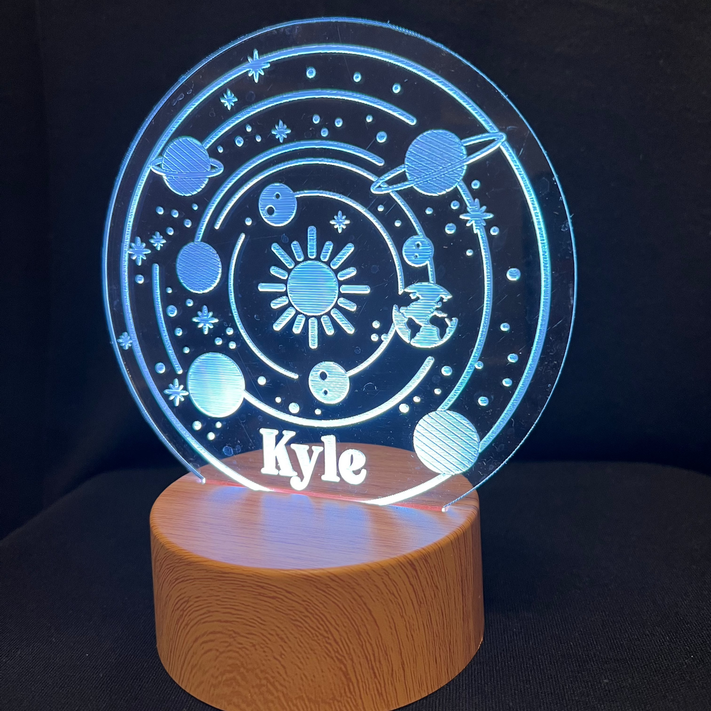 Solar System Name Night Light – Personalized LED night light featuring engraved planets and a custom name, glowing softly for space lovers