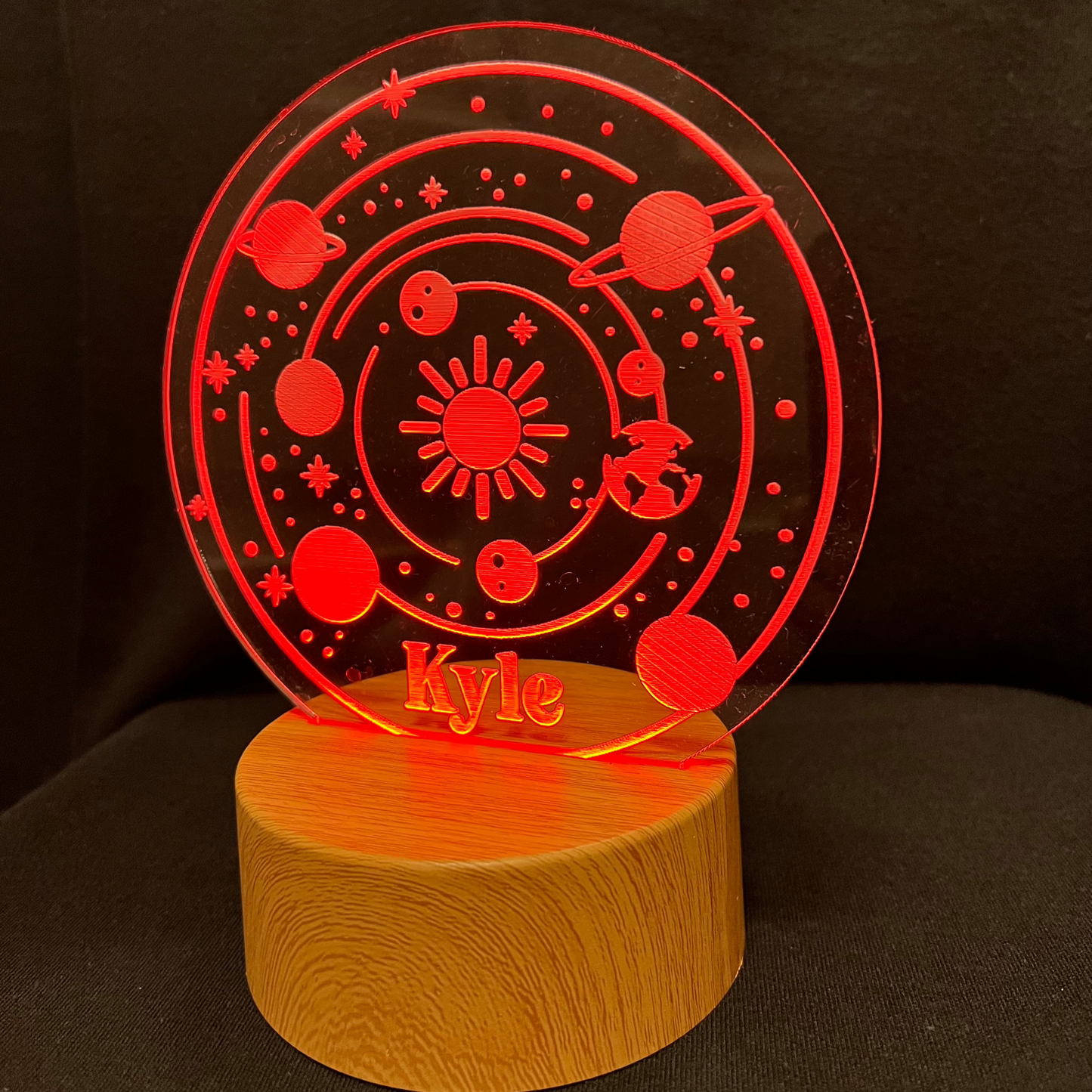 Solar System Name Night Light – Personalized LED night light featuring engraved planets and a custom name, glowing softly for space lovers