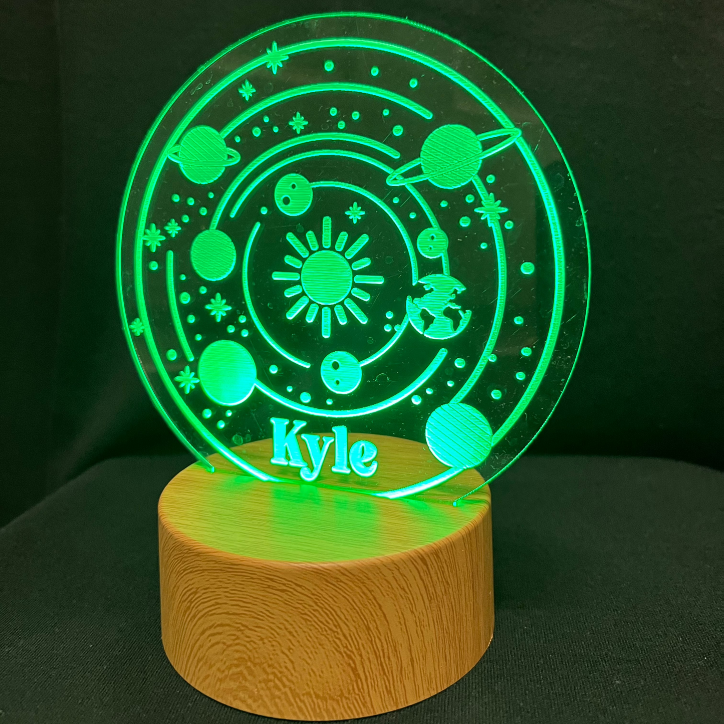Solar System Name Night Light – Personalized LED night light featuring engraved planets and a custom name, glowing softly for space lovers