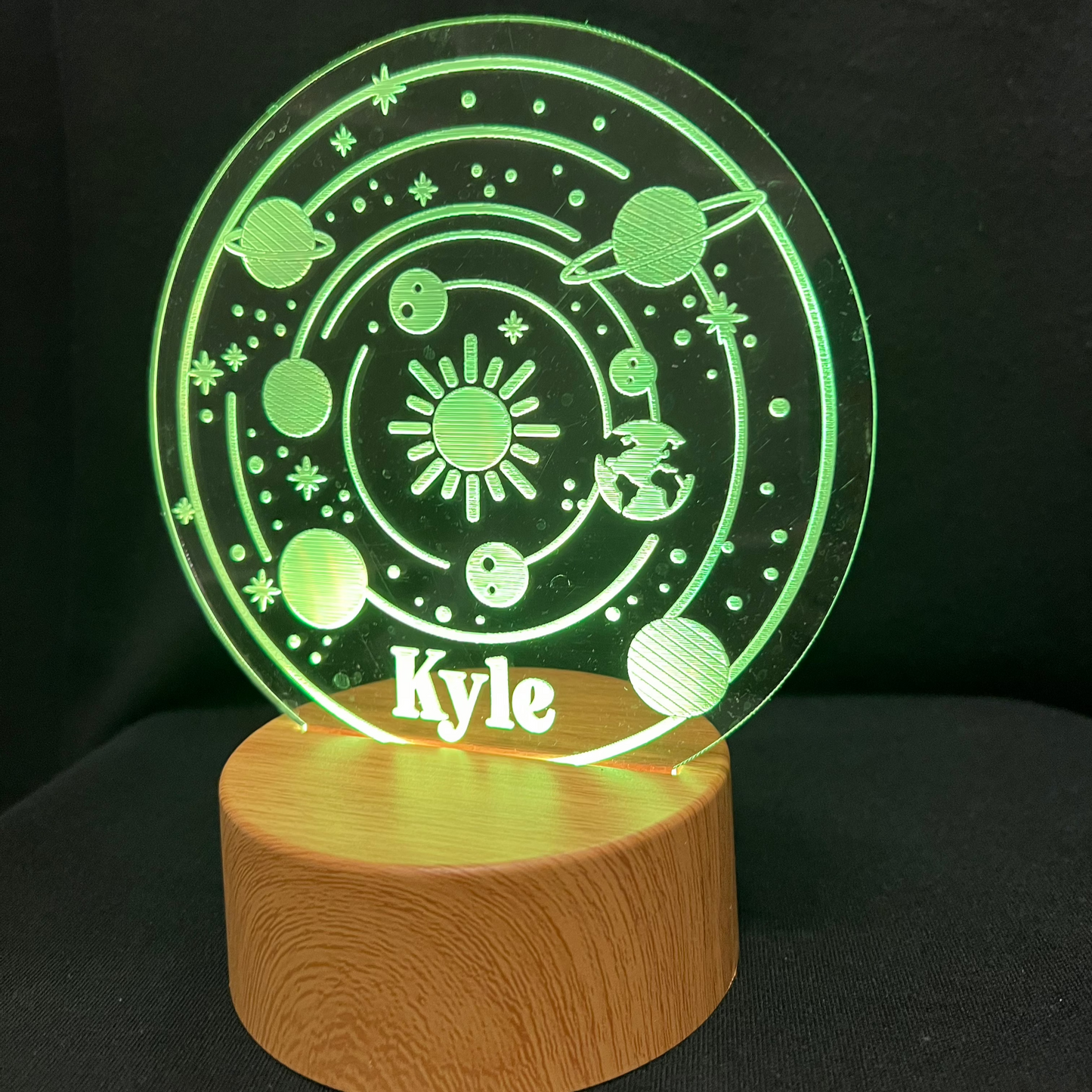 Solar System Name Night Light – Personalized LED night light featuring engraved planets and a custom name, glowing softly for space lovers