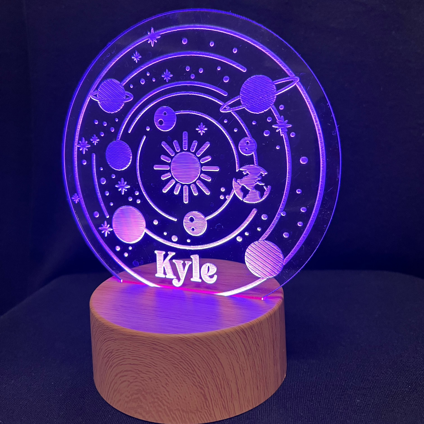 Solar System Name Night Light – Personalized LED night light featuring engraved planets and a custom name, glowing softly for space lovers