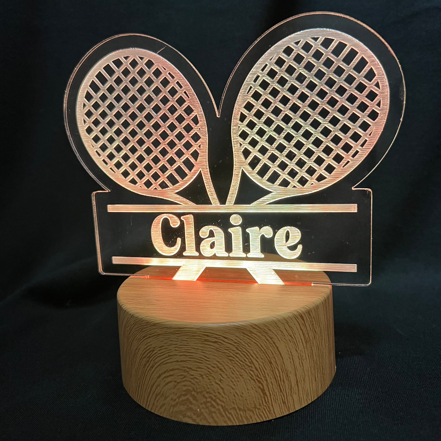 Custom tennis night light featuring a tennis rackets with name engraving