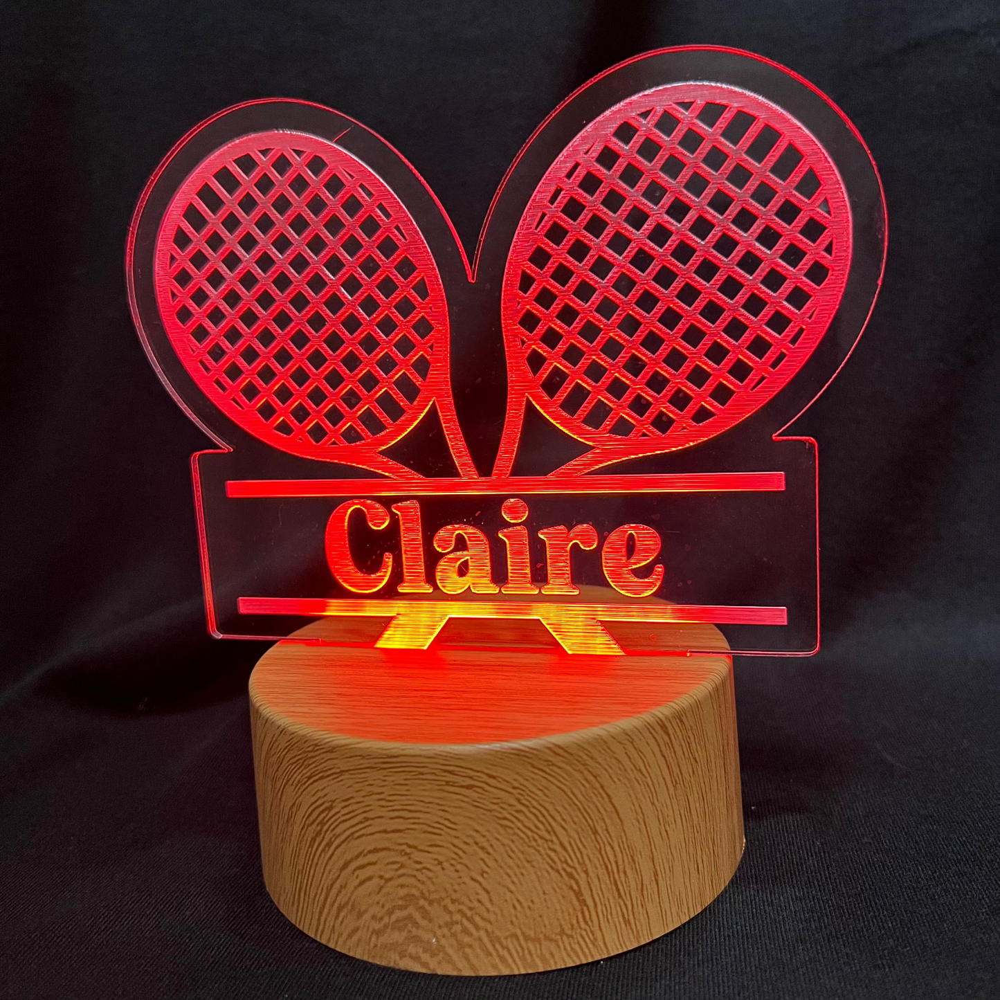 Custom tennis night light featuring a tennis rackets with name engraving