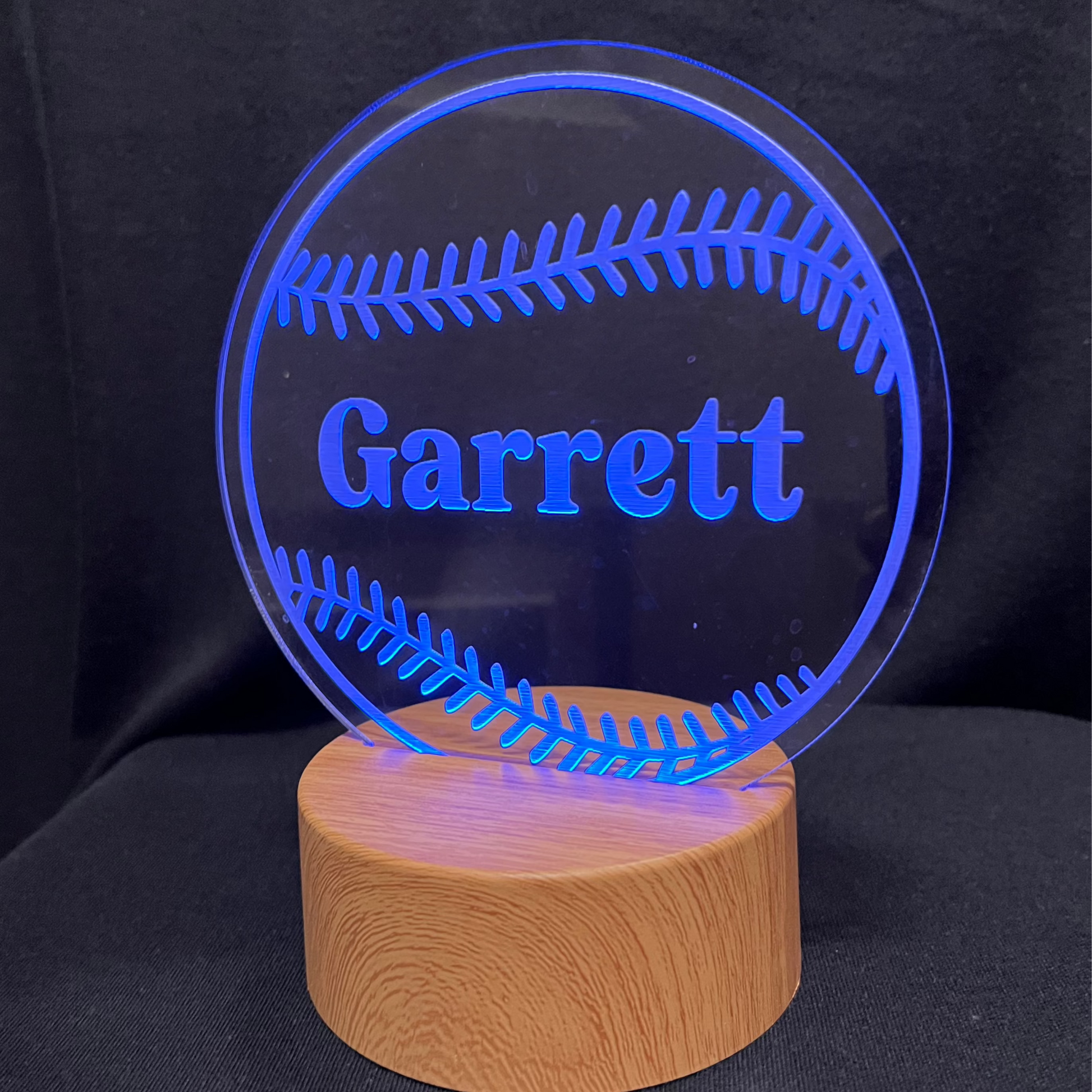 Baseball Softball Name Night Light – Personalized LED night light featuring an engraved baseball or softball design with a custom name in the center, glowing warmly for sports fans