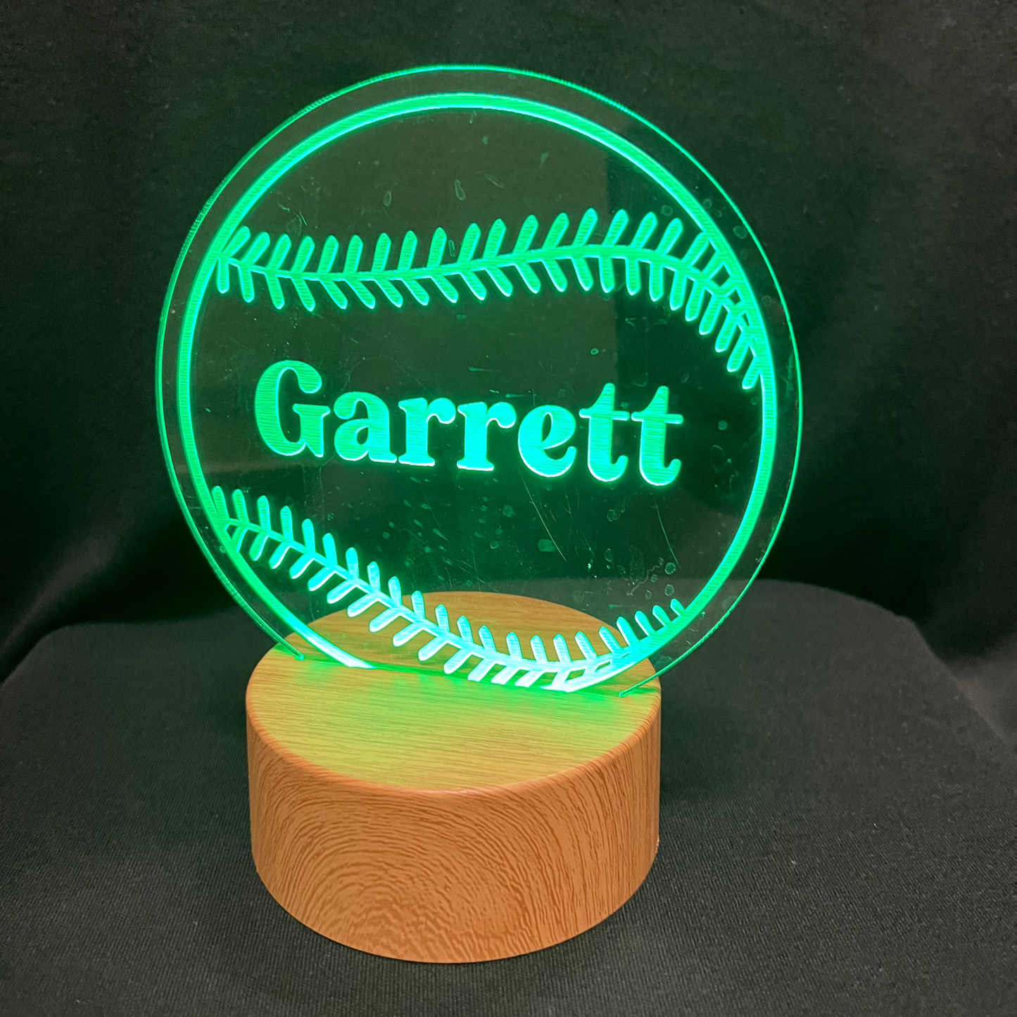Baseball Softball Name Night Light – Personalized LED night light featuring an engraved baseball or softball design with a custom name in the center, glowing warmly for sports fans