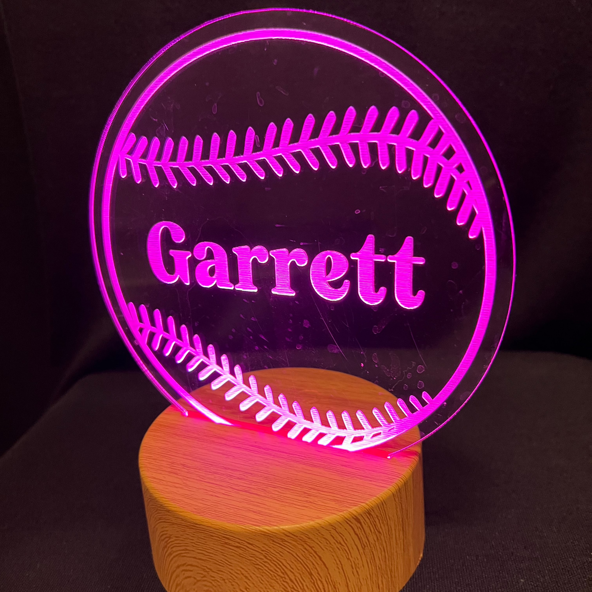 Baseball Softball Name Night Light – Personalized LED night light featuring an engraved baseball or softball design with a custom name in the center, glowing warmly for sports fans