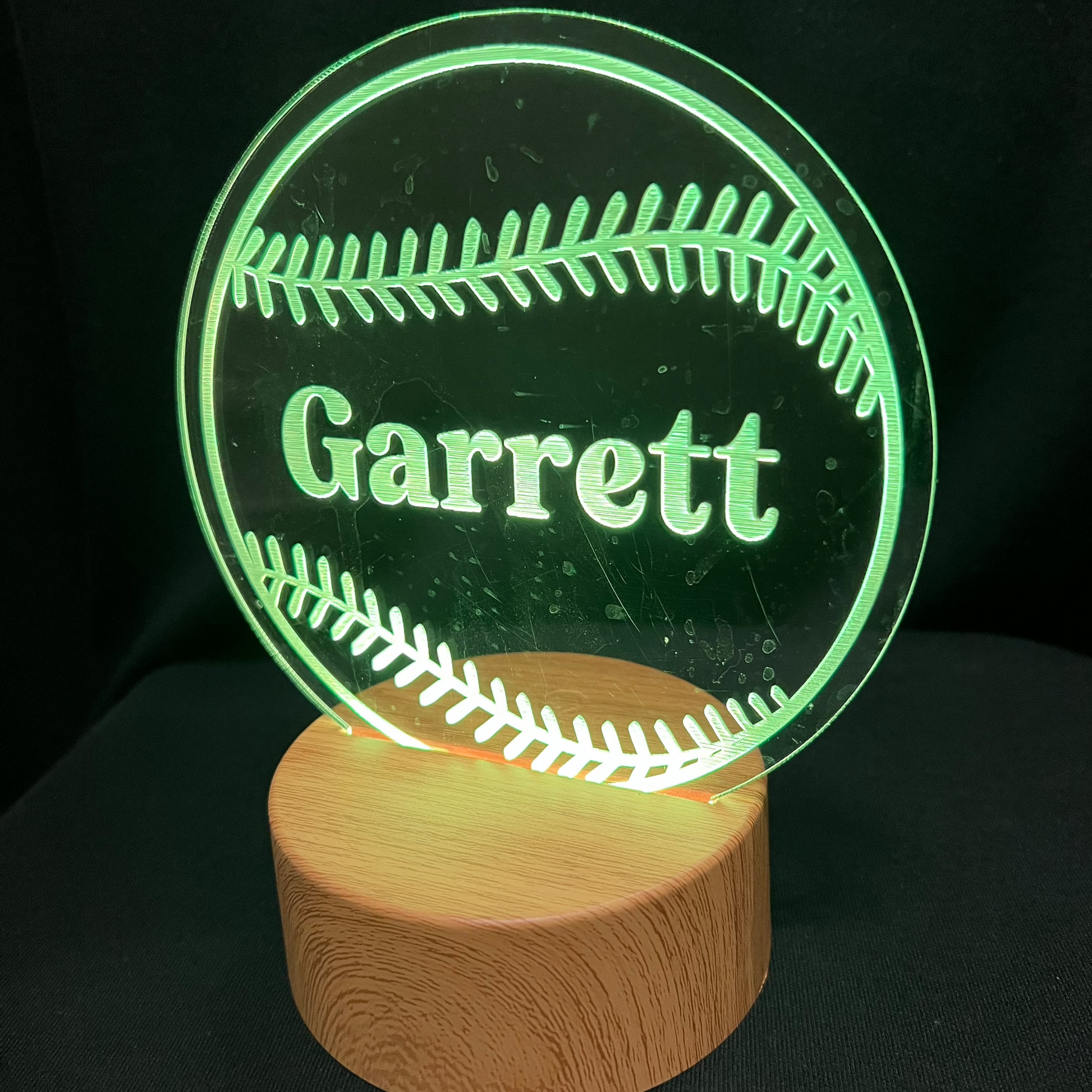 Baseball Softball Name Night Light – Personalized LED night light featuring an engraved baseball or softball design with a custom name in the center, glowing warmly for sports fans