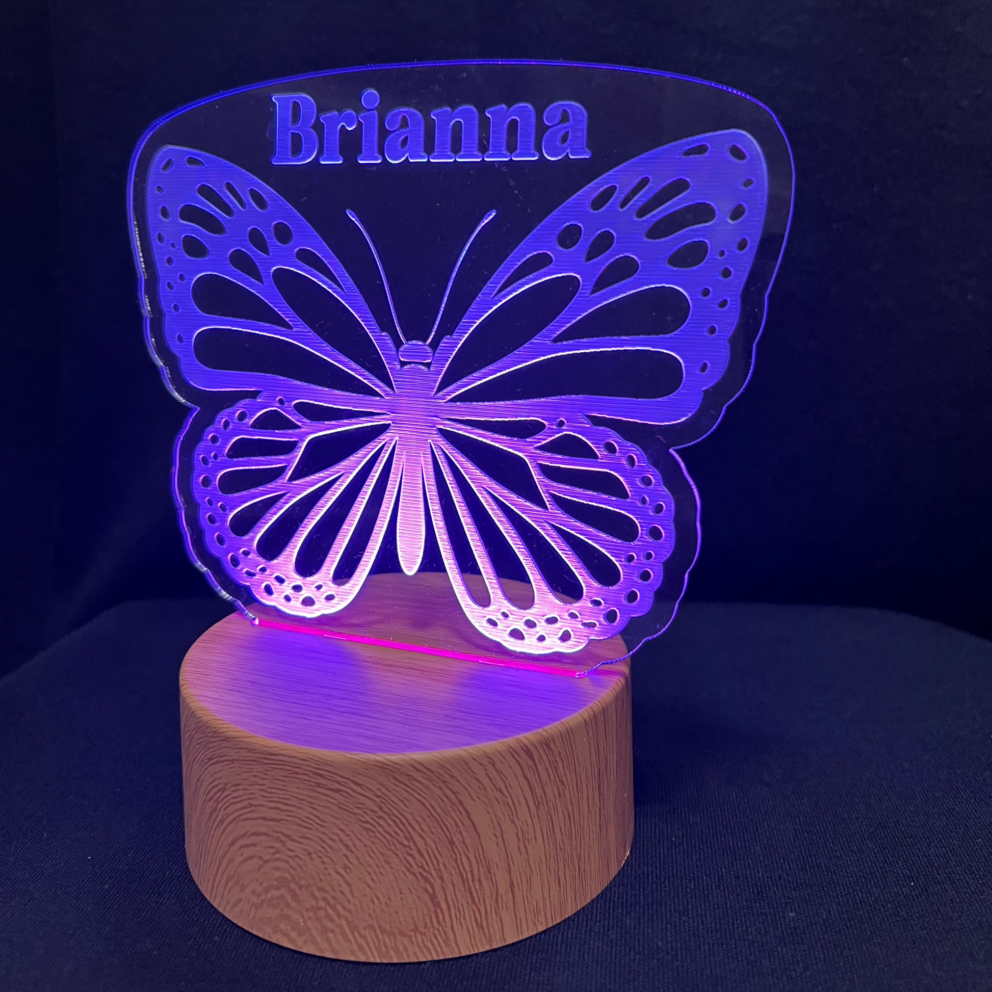 Butterfly Name Night Light – Personalized LED night light featuring an engraved single butterfly with a custom name below, softly glowing for a sweet and serene touch