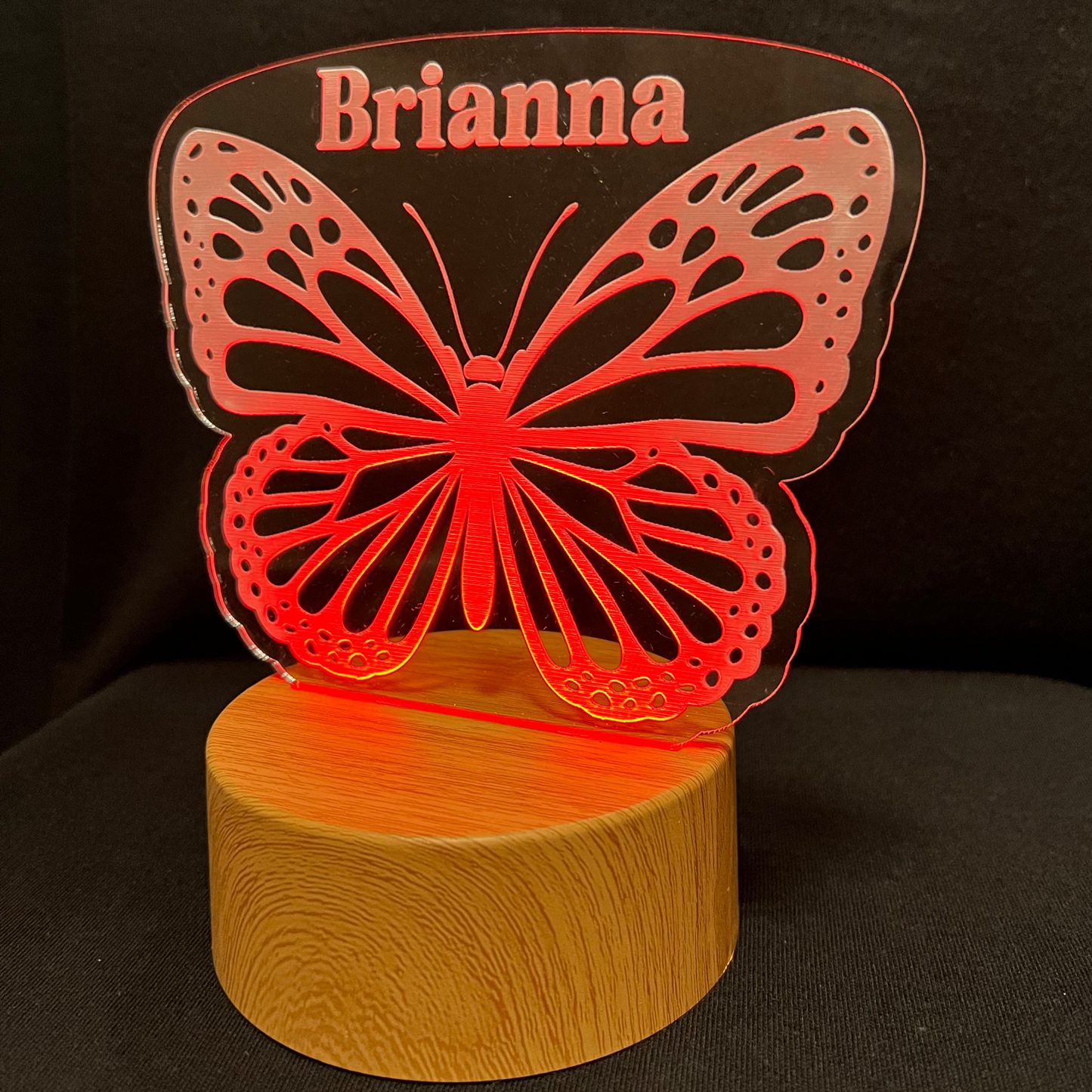 Butterfly Name Night Light – Personalized LED night light featuring an engraved single butterfly with a custom name below, softly glowing for a sweet and serene touch