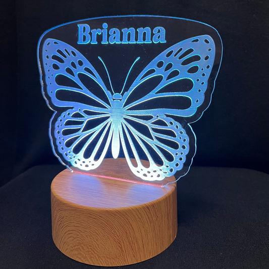 Butterfly Name Night Light – Personalized LED night light featuring an engraved single butterfly with a custom name below, softly glowing for a sweet and serene touch