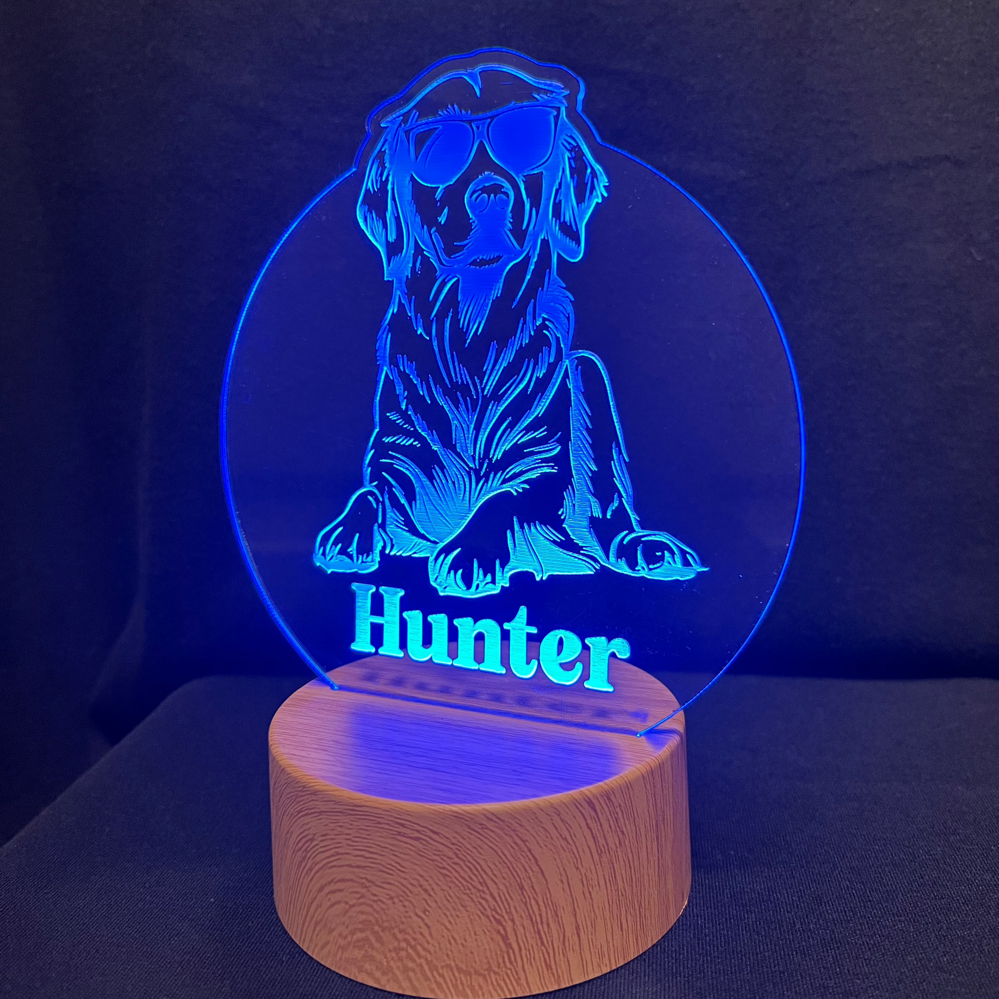 Personalized dog nightlight featuring a cool dog wearing sunglasses, with a custom name engraved below, glowing softly in a warm LED light.