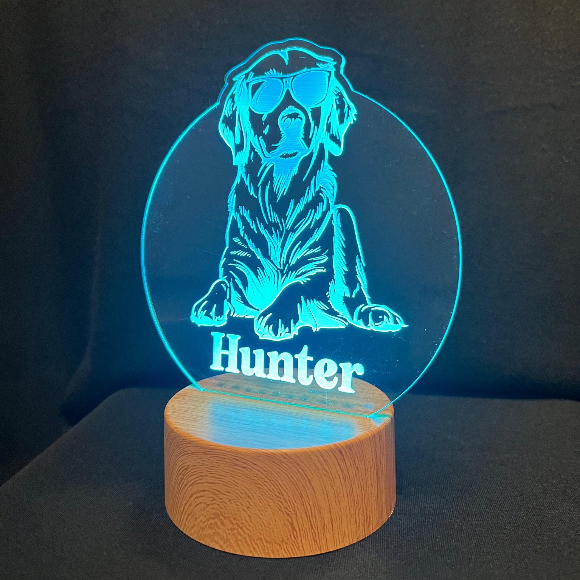Personalized dog nightlight featuring a cool dog wearing sunglasses, with a custom name engraved below, glowing softly in a warm LED light.