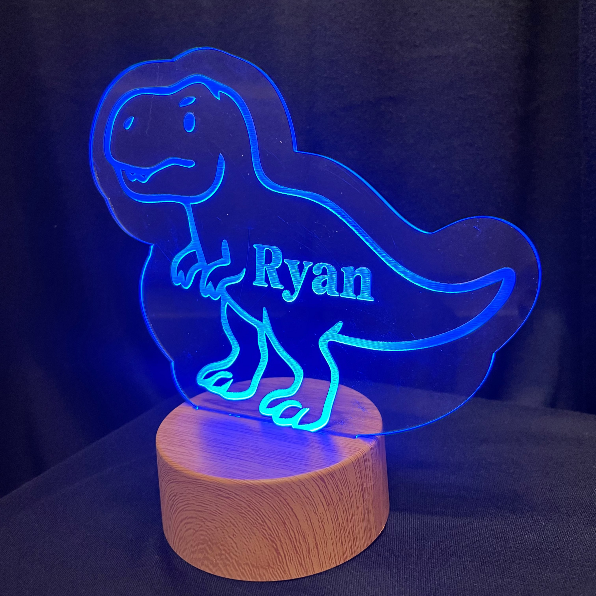Dinosaur-shaped night light with 'Ryan' on a dark background