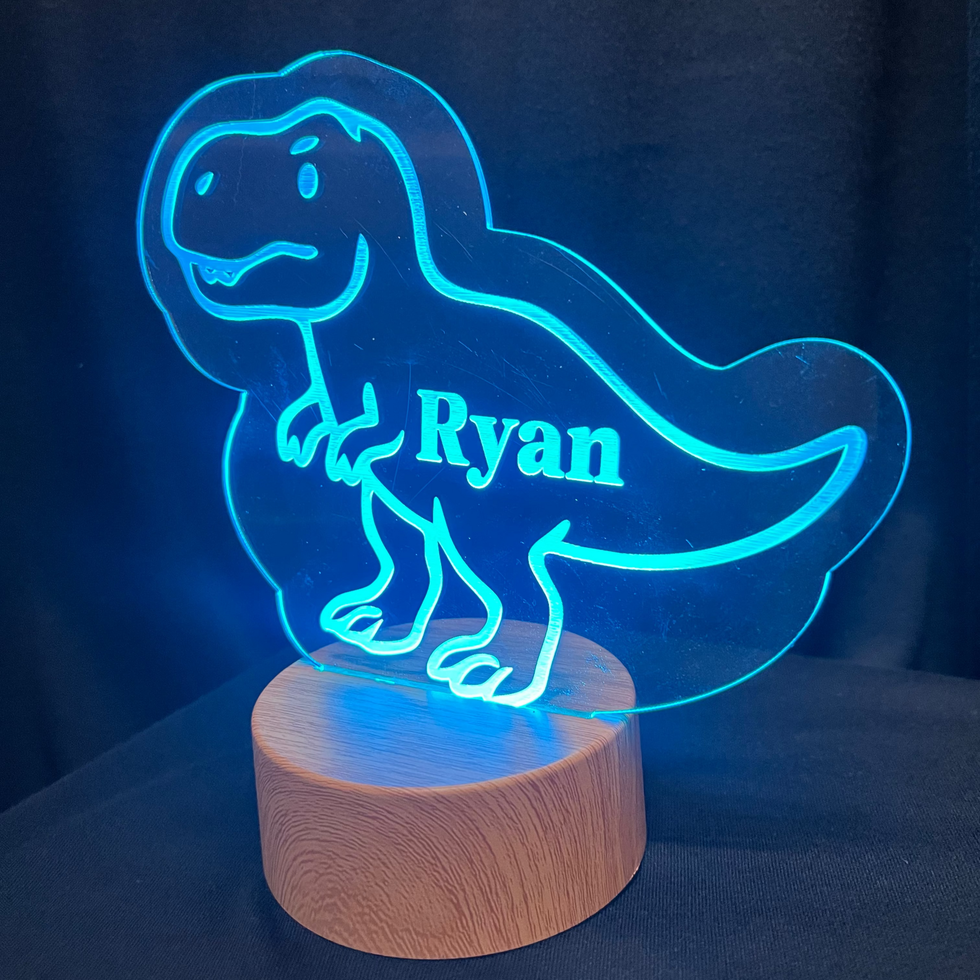 Dinosaur-shaped night light with 'Ryan' on a dark background