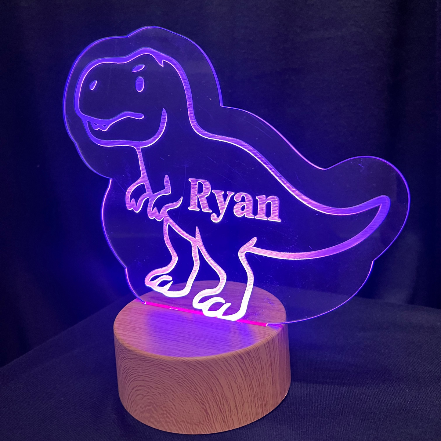 Dinosaur-shaped night light with 'Ryan' on a dark background