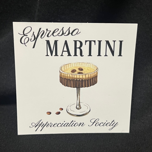 Sticker with the text 'Espresso Martini Appreciation Society' featuring an illustration of an espresso martini in a coupe glass with a coffee bean garnish