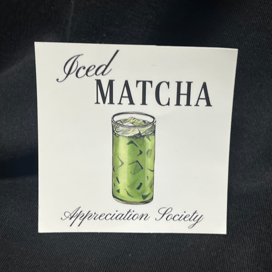 Sticker with the text 'Iced Matcha Appreciation Society' featuring an illustration of a clear cup filled with iced matcha