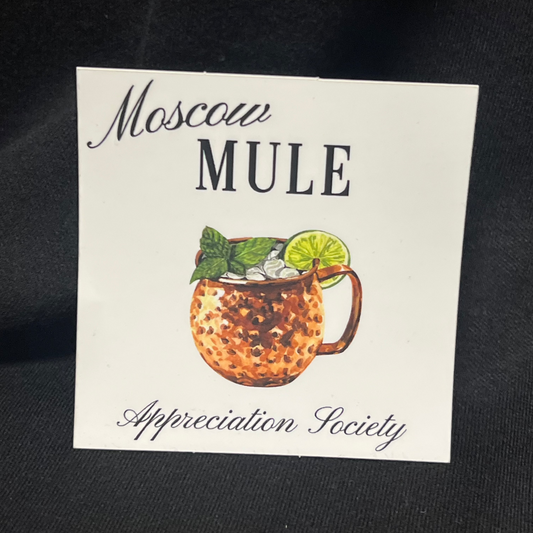 Sticker that says Moscow Mule Appreciation Society with an illustration of a classic copper mug filled with a Moscow Mule, perfect for cocktail lovers and ginger beer fans