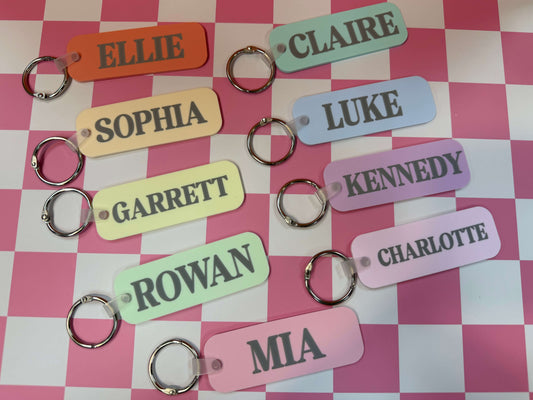 Set of personalized keychains with names on a checkered background