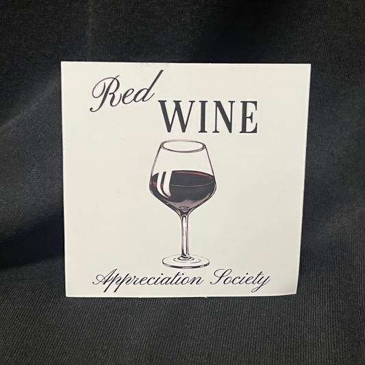 Sticker with the text 'Red Wine Appreciation Society' featuring an illustration of a red wine glass filled with deep red wine