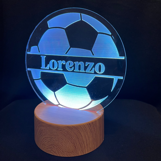 Soccer Name Night Light – Personalized LED night light featuring an engraved soccer ball design with a custom name in the center, glowing softly for soccer fans and young athletes