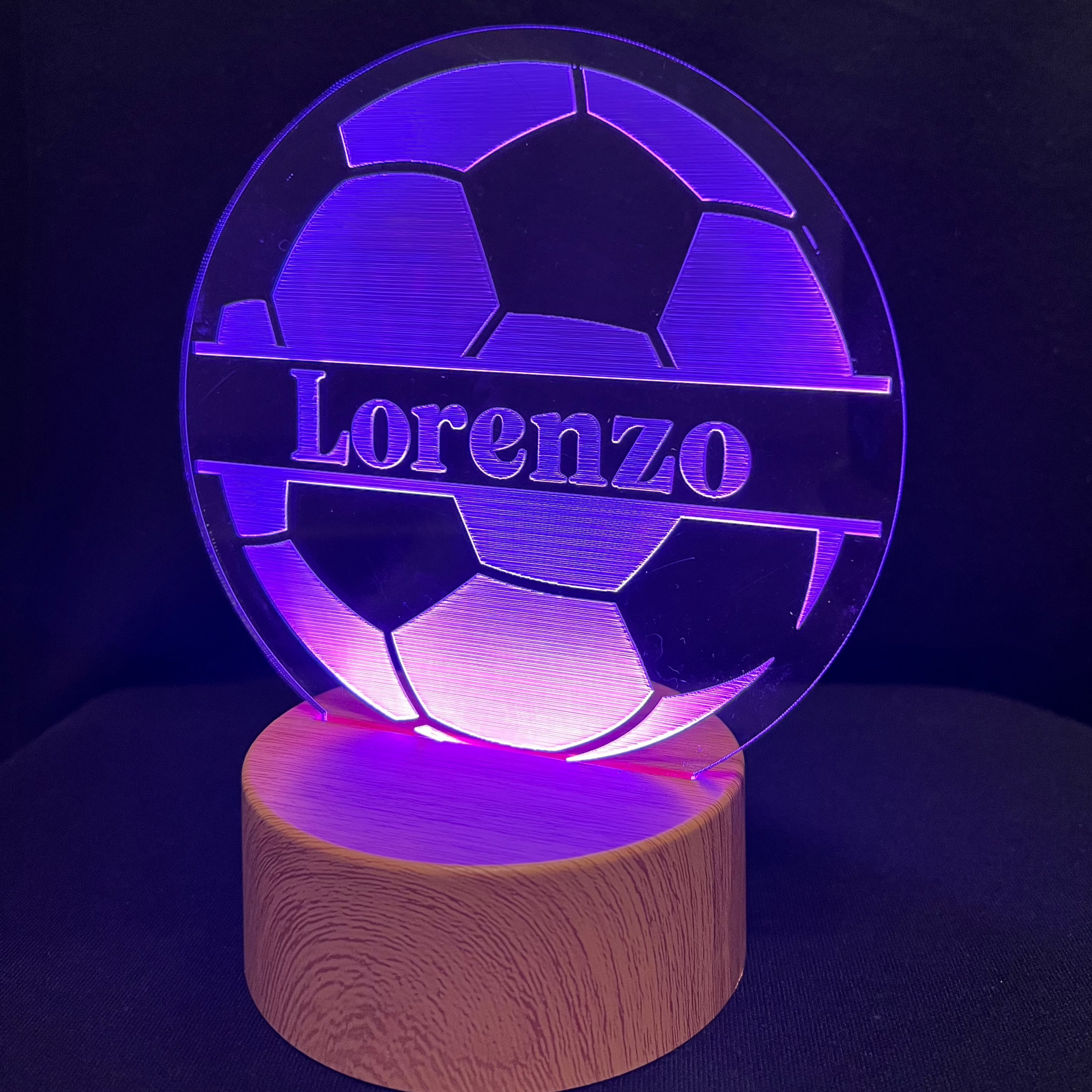 Soccer Name Night Light – Personalized LED night light featuring an engraved soccer ball design with a custom name in the center, glowing softly for soccer fans and young athletes