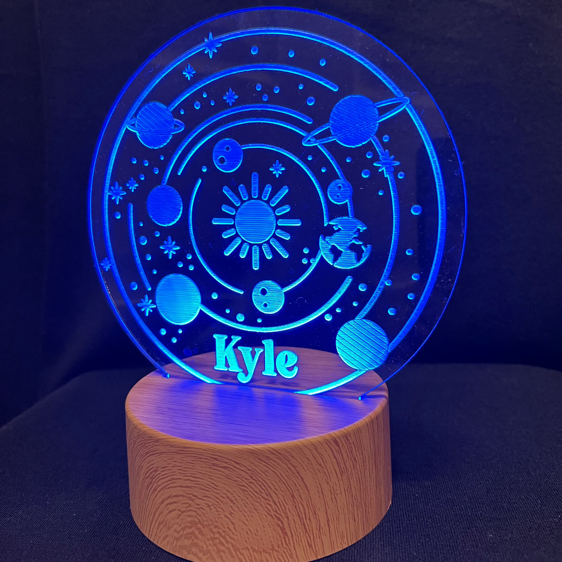 Solar System Name Night Light – Personalized LED night light featuring engraved planets with a custom name, glowing softly for space lovers