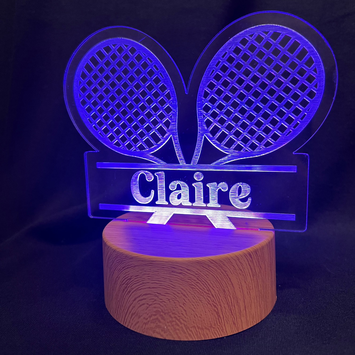 Custom tennis night light featuring a tennis rackets with name engraving