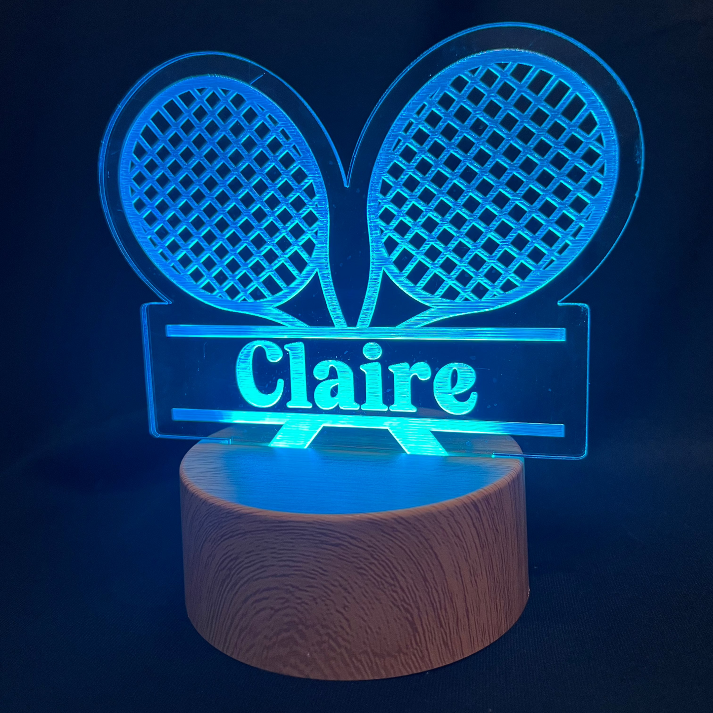 Custom tennis night light featuring a tennis rackets with name engraving