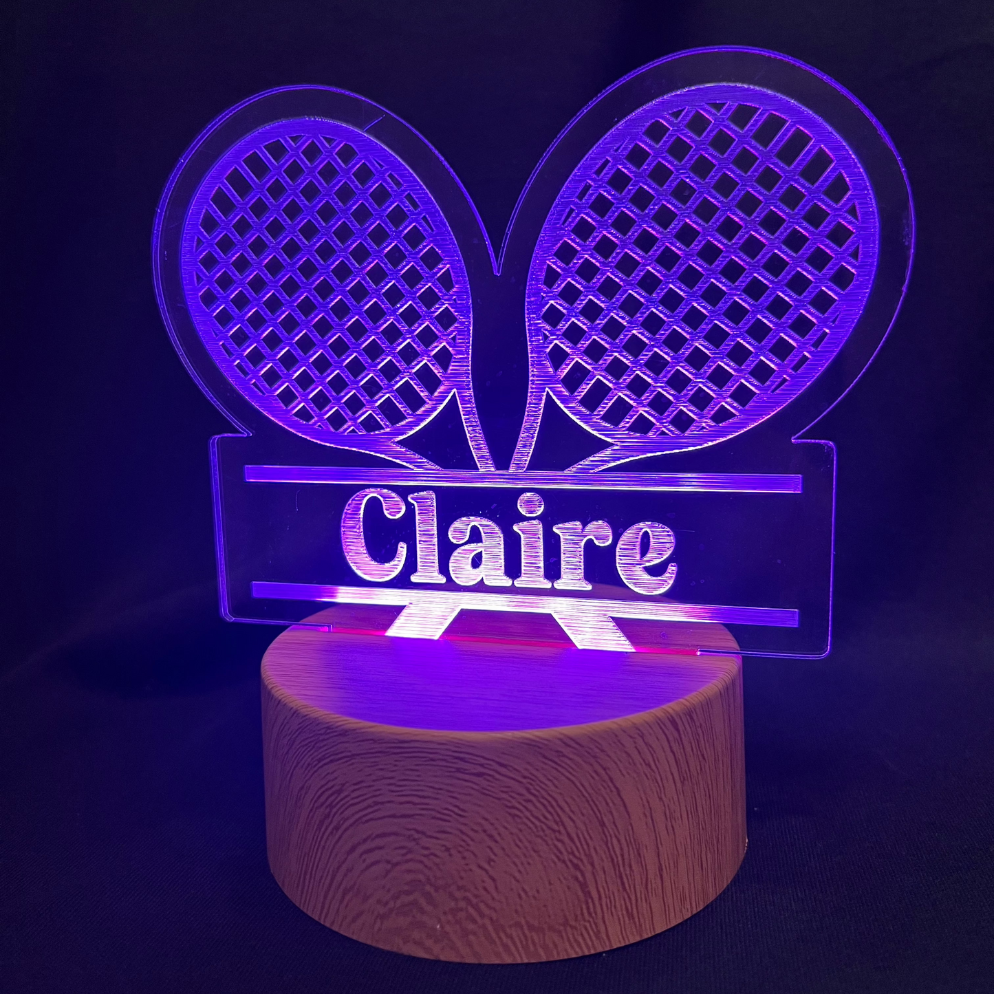 Custom tennis night light featuring a tennis rackets with name engraving