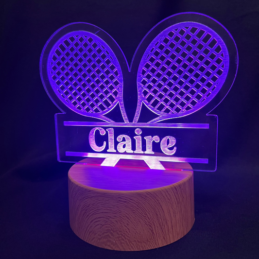 Custom tennis night light featuring a tennis rackets with name engraving
