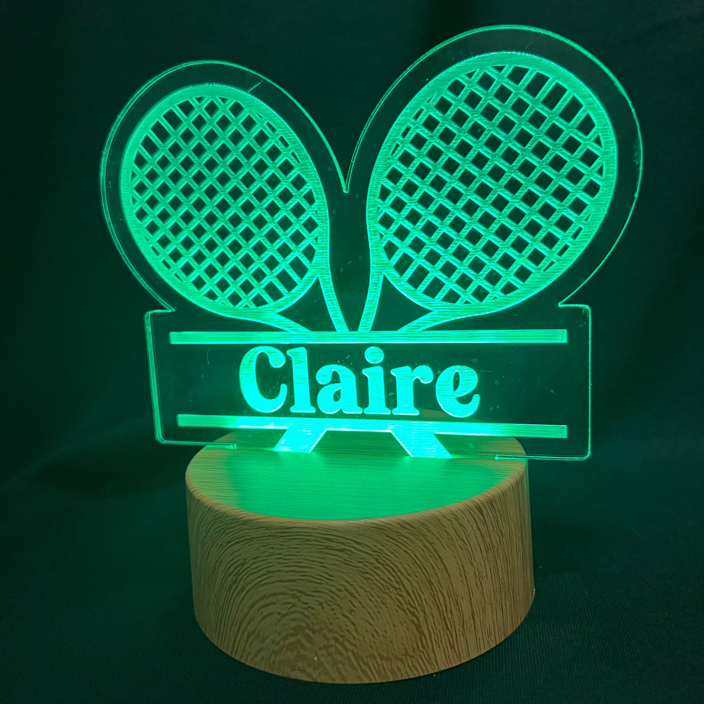 Custom tennis night light featuring a tennis rackets with name engraving