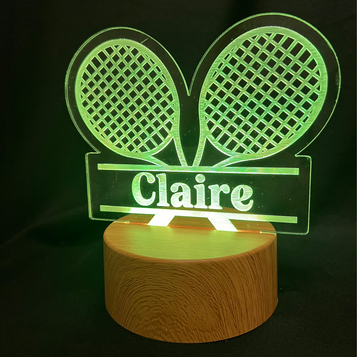 Custom tennis night light featuring a tennis rackets with name engraving